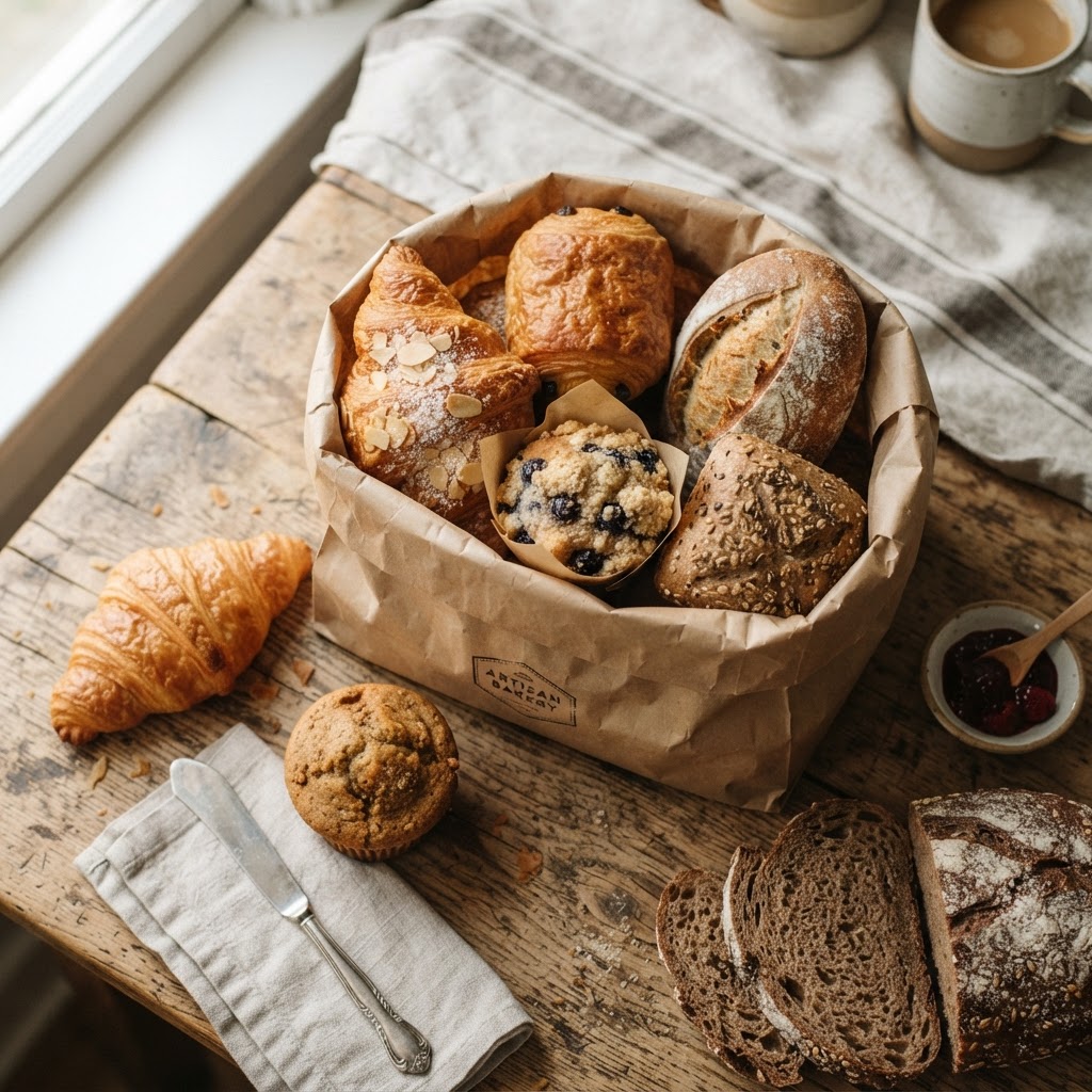 A bag filled with freshly baked bread and pastries